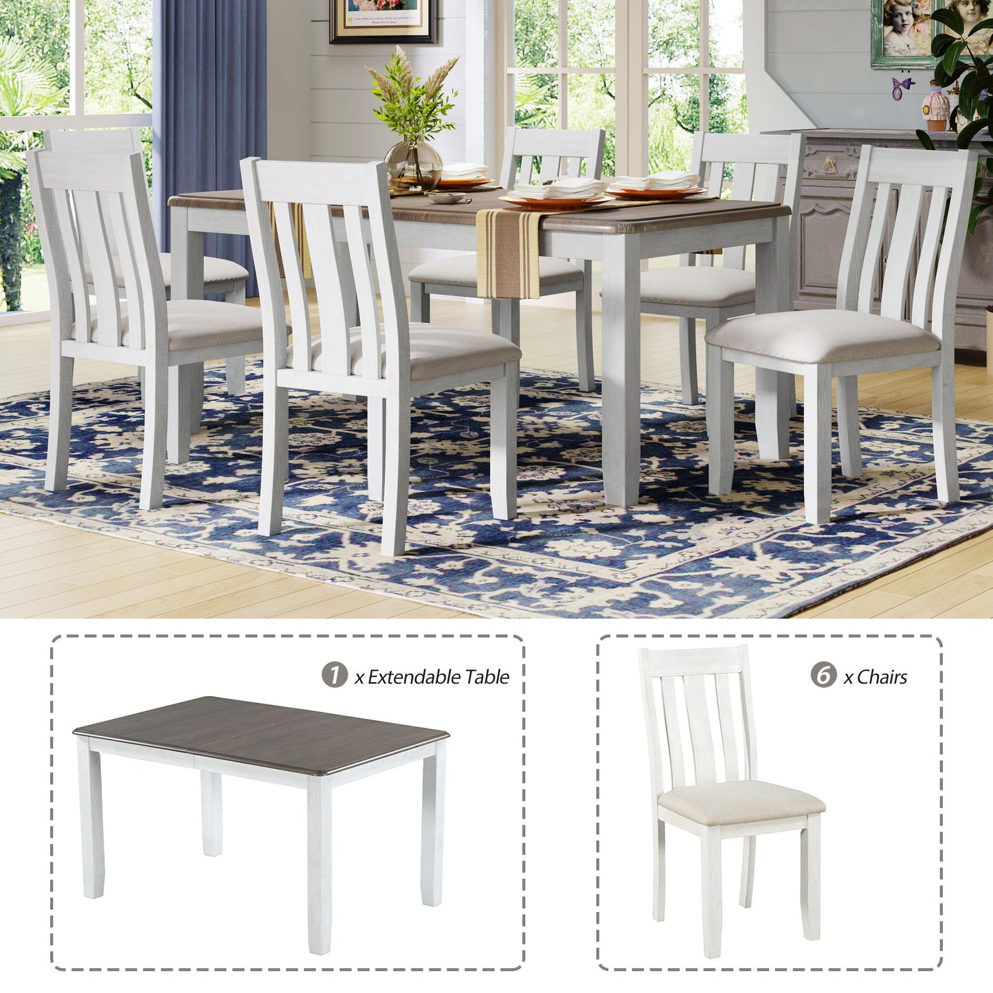 7 Piece Dining Table Set Retro Style With Extendable Table And 6 Upholstered Chairs - Brown / White