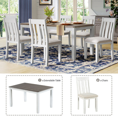 7 Piece Dining Table Set Retro Style With Extendable Table And 6 Upholstered Chairs - Brown / White