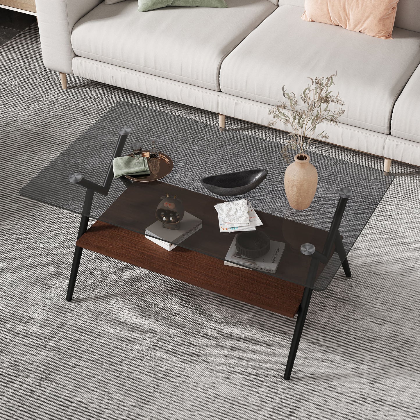 Rectangle Coffee Table With Tempered Glass Top And Brown MDF Shelf, Modern Table For Living Room - Gray