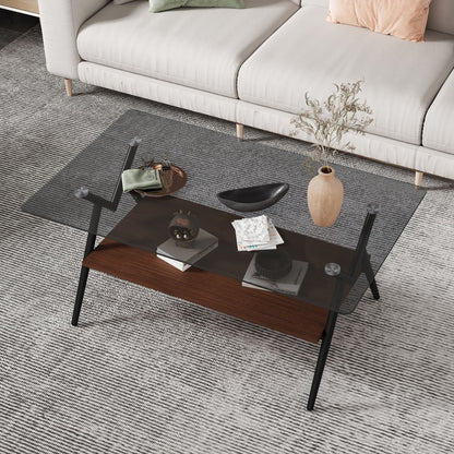 Rectangle Coffee Table With Tempered Glass Top And Brown MDF Shelf, Modern Table For Living Room - Gray