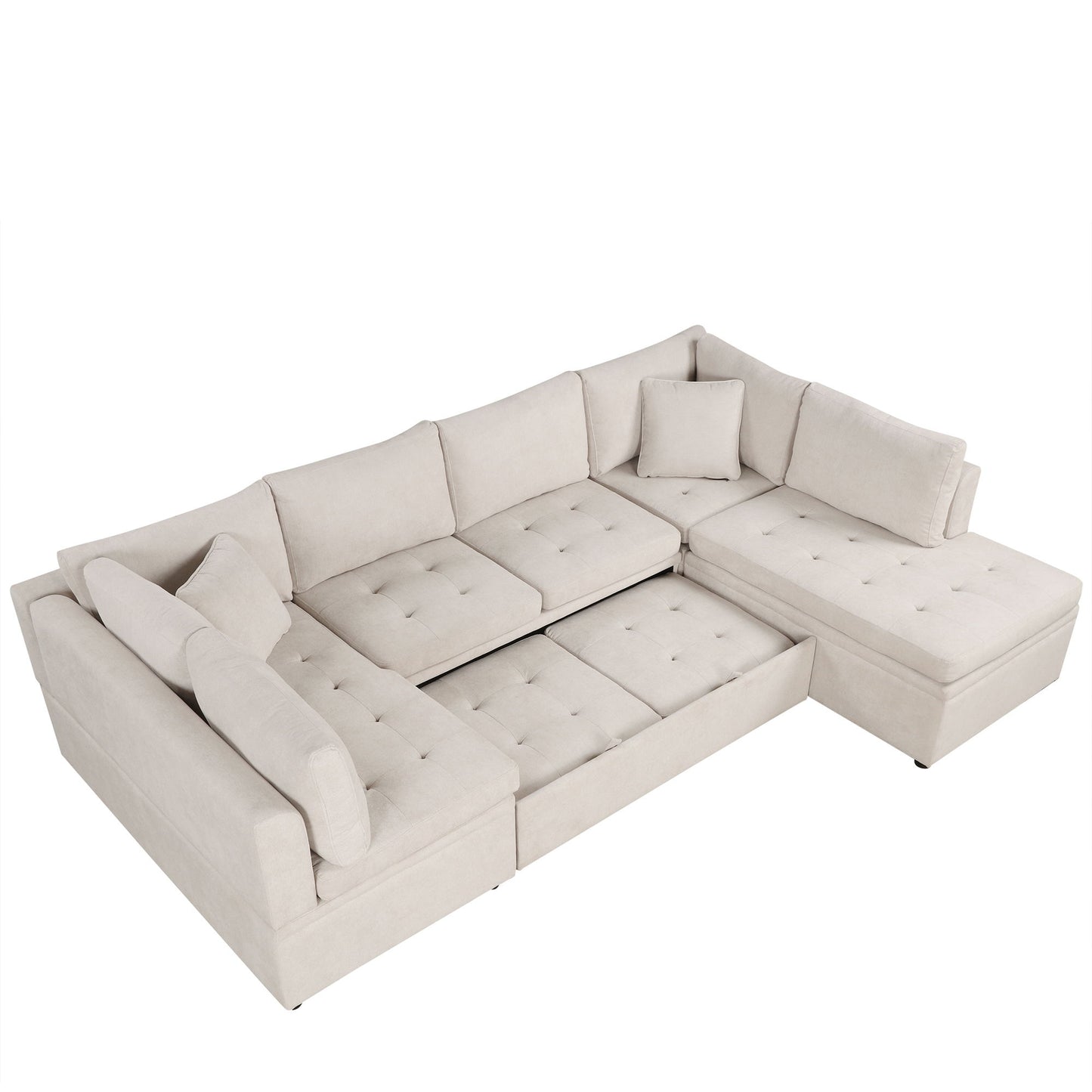 Oversized Sectional Sofa U-Shaped Sofa Couch Pull-Out Sofa Bed With Two Throw Pillows For Living Room - Beige