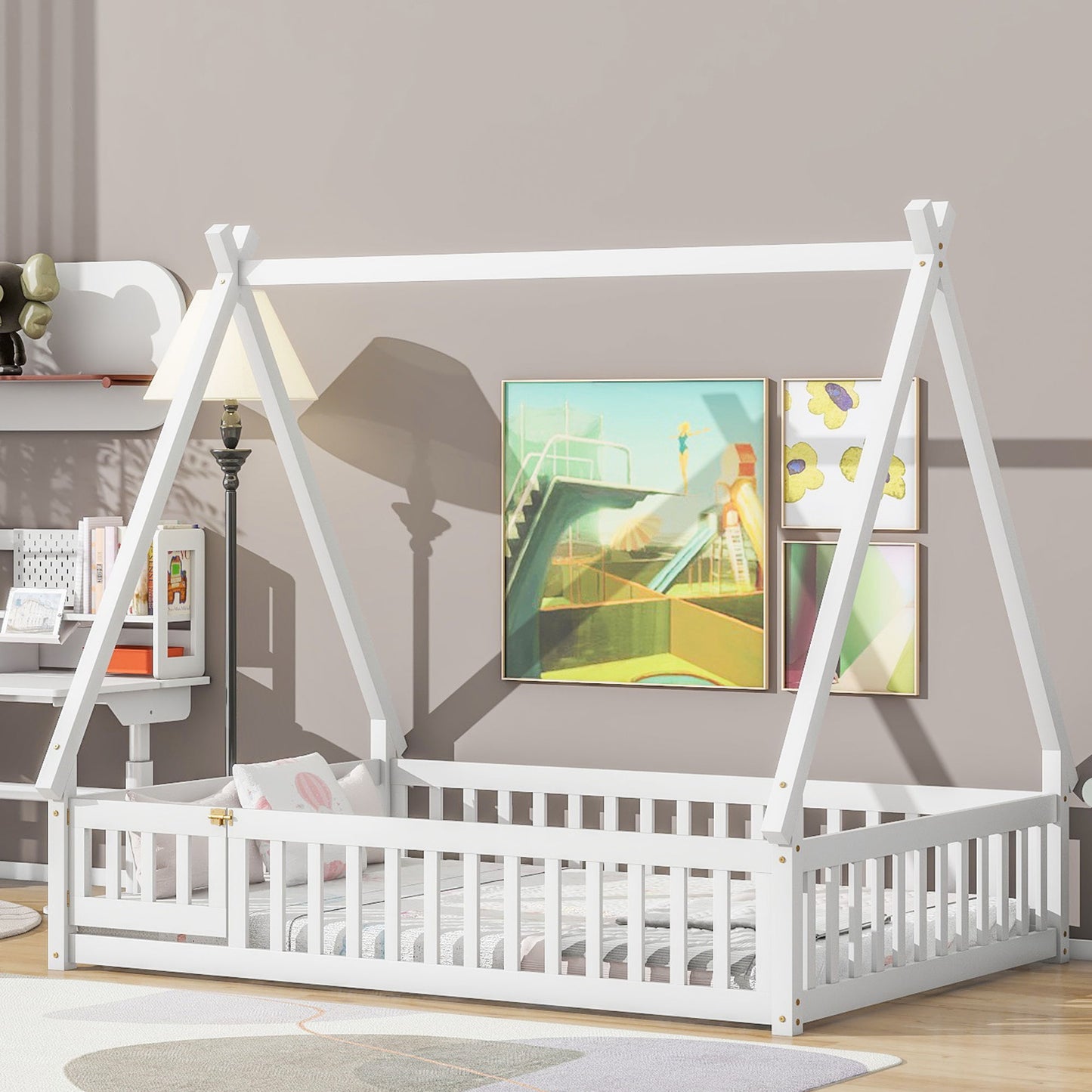 Full Tent-Shaped Floor Bed, With Guardrails, Slats, Door - White