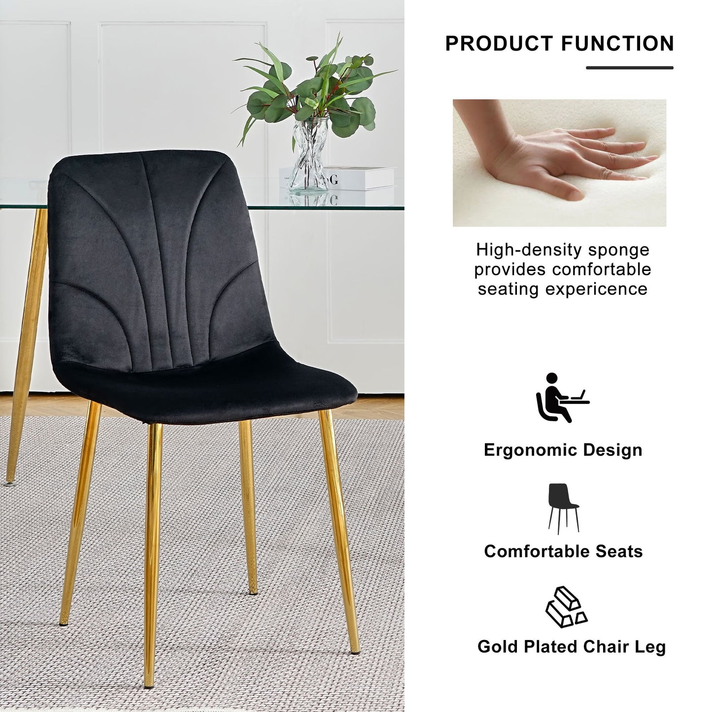Modern Light Luxury Dining Chair With Gold Metal Legs (Set of 4) - Black
