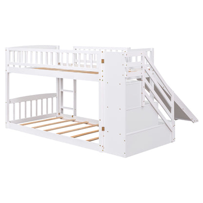 Twin Over Twin Stairway Bunk Bed & Two Drawers And Slide - White