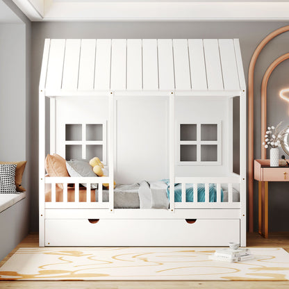 Twin Size House Bed With Twin Size Trundle, Daybed - White