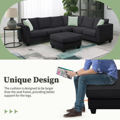Sectional Sofa Couches Living Room Sets, 7 Seats Modular Sectional Sofa With Ottoman, L Shape Fabric Sofa Corner Couch Set With 3 Pillows - Black