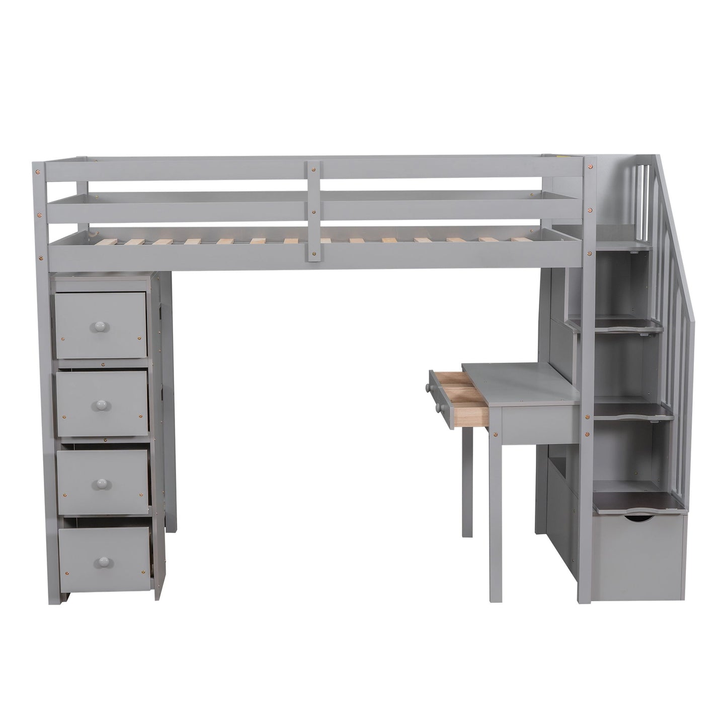 Twin Size Loft Bed With Storage Drawers, Desk And Stairs With Shelves - Gray