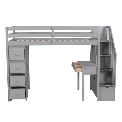 Twin Size Loft Bed With Storage Drawers, Desk And Stairs With Shelves - Gray