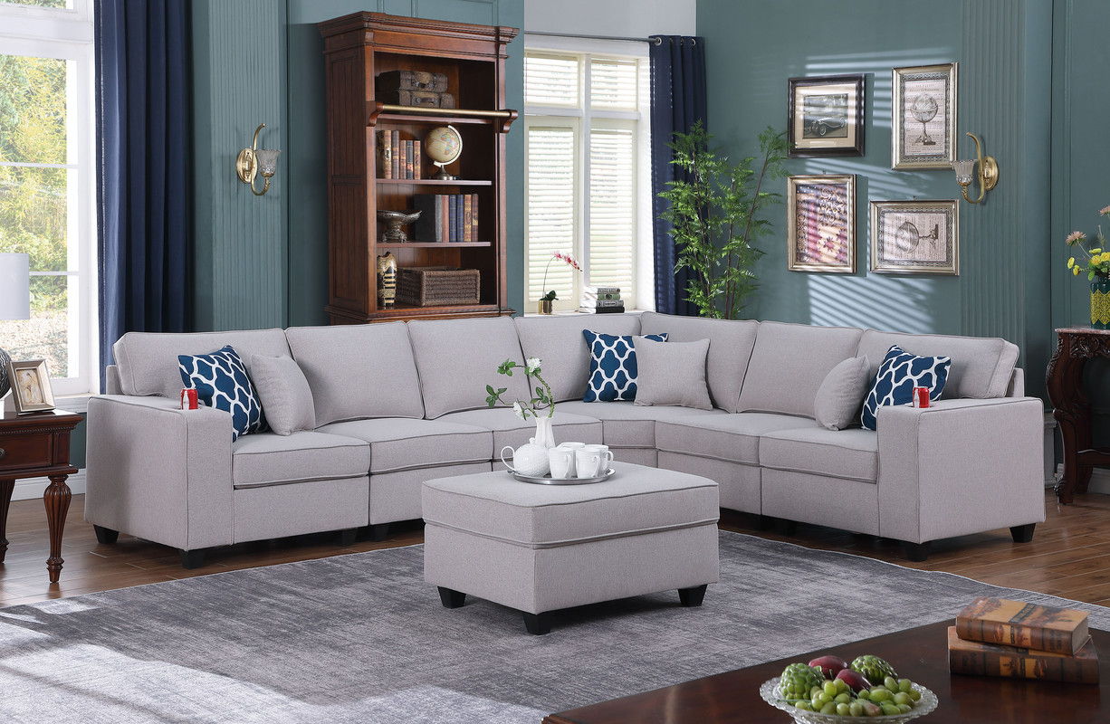 Cooper - 7 Piece Reversible L-Shape Sectional Sofa & Comfort Ottoman And Cupholder - Light Gray