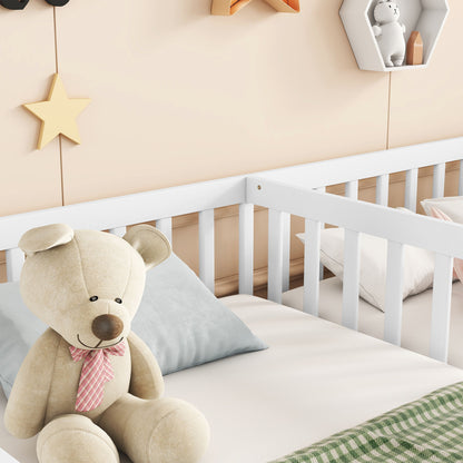 Double Twin Floor Bed With Fence, Guardrails, Without Door - White