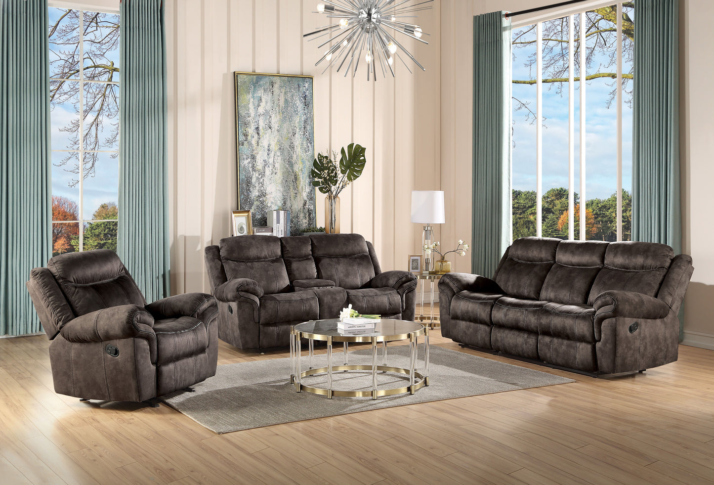 Zubaida - Two Tone Velvet Recliner Sofa With USB Port Drop Down Table - Chocolate