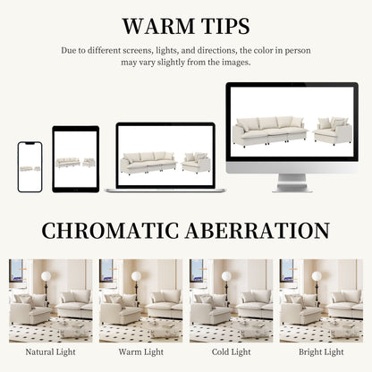 2 Piece Living Room Set With Throw Pillows Sectional Couch Sets, Upholstered 3 Seater Sofa & Armchair 4 Seat - Beige