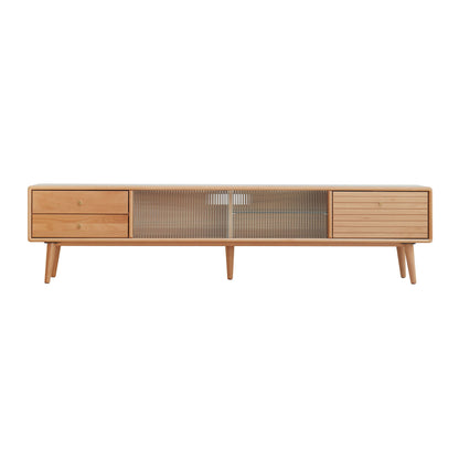 TV Cabinet With Chinese Changhong Glass Doors, Two Drawer Storage Space TV Standing - Natural