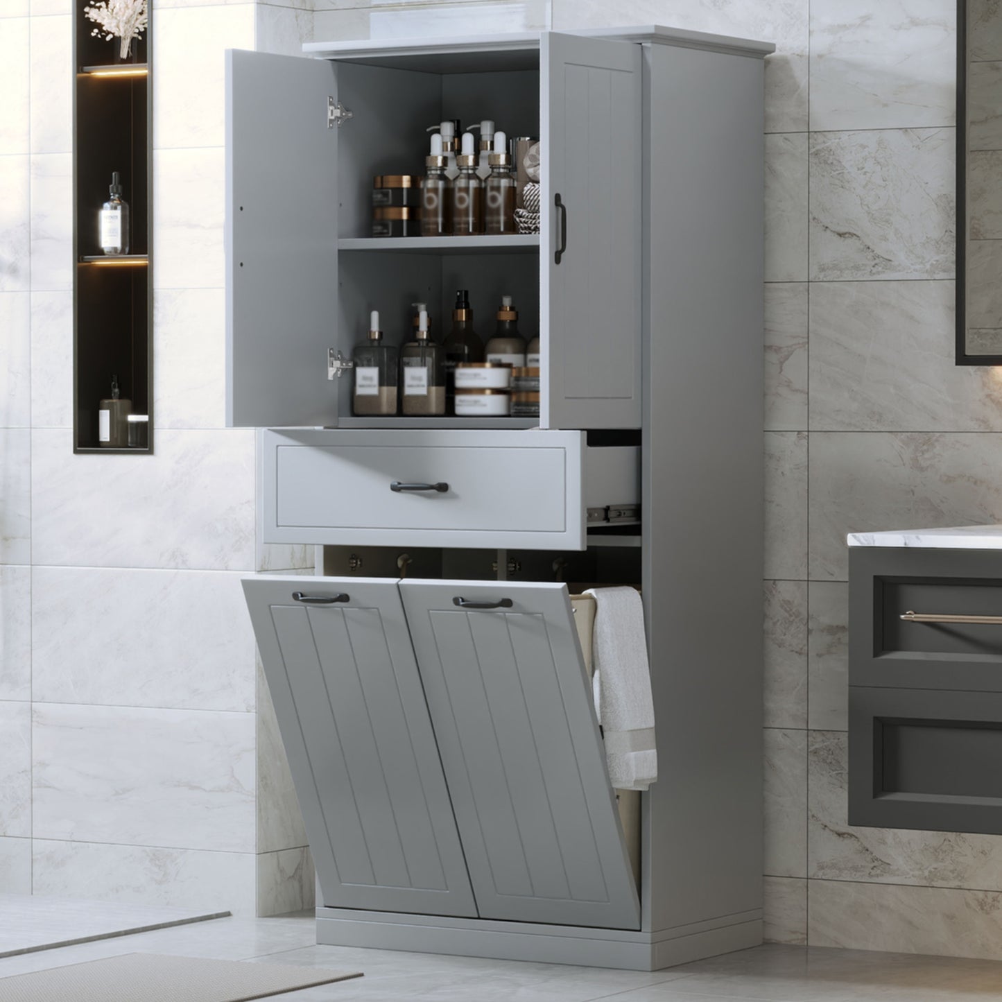 Stylish Bathroom Storage Cabinet With 2 Laundry Baskets - Gray