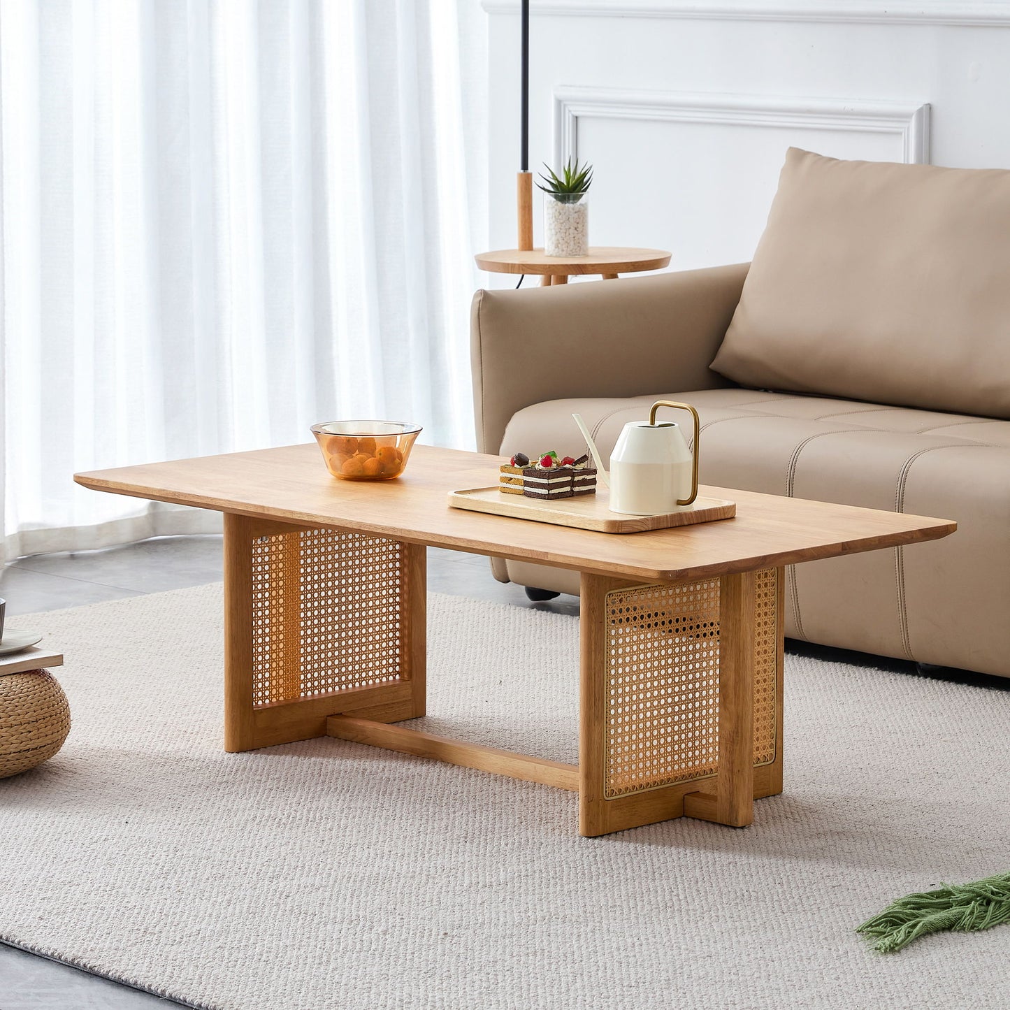 Rubber Wood And Solid Wood Coffee Table Modern Minimalist Rattan Weaving Design, Living Room Balcony, Multifunctional Small Sized Furniture - Natural