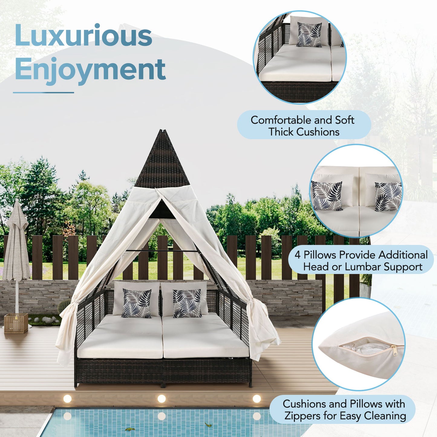 Outdoor Daybed Patio Lounge Bed With Adjustable Backrest Double Sun Lounger With Curtains, 4 Pillows For Garden Patio Poolside Balcony Beach - Cream