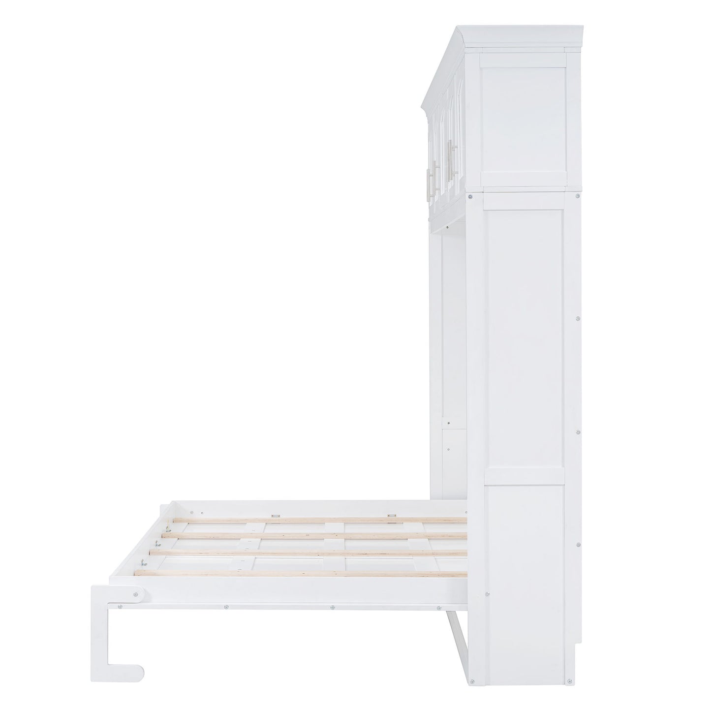 Full Size Space Saving Murphy Wall Bed With Top Cabinets, Flexible Slats - White