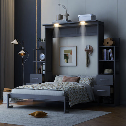 Queen Size Murphy Wall Bed With Shelves, Drawers And LED Lights - Gray