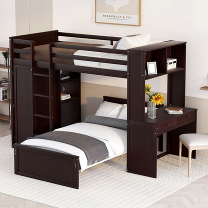 Twin Size Loft Bed With A Stand Alone Bed, Shelves, Desk, And Wardrobe - Espresso