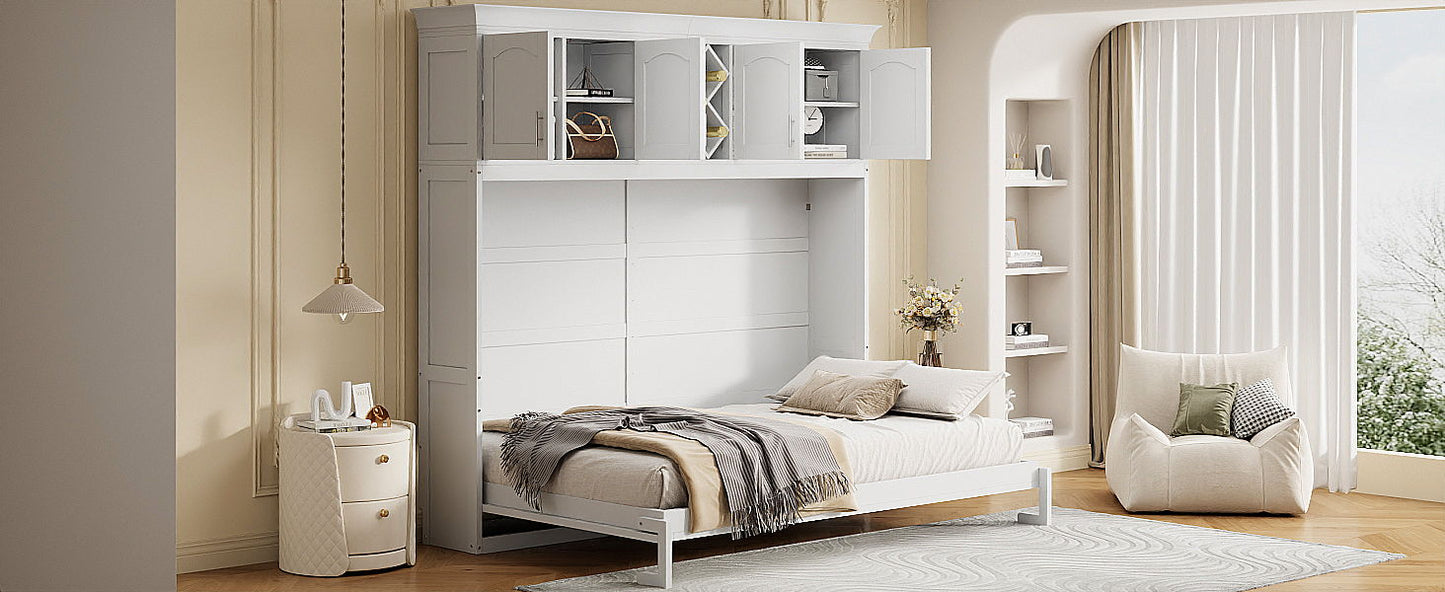 Queen Size Murphy Wall Bed With Top Cabinets & Wine Rack - White