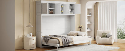 Queen Size Murphy Wall Bed With Top Cabinets & Wine Rack - White