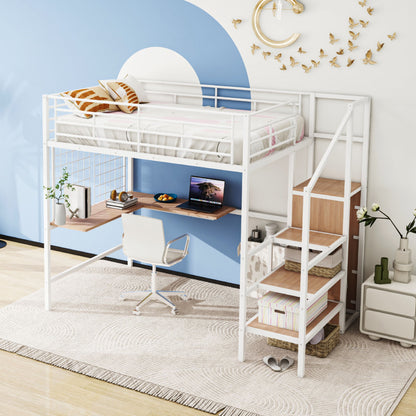 Full Size Loft Bed With Desk And Grid, Stylish Frame With Lateral Storage Ladder And Wardrobe - White