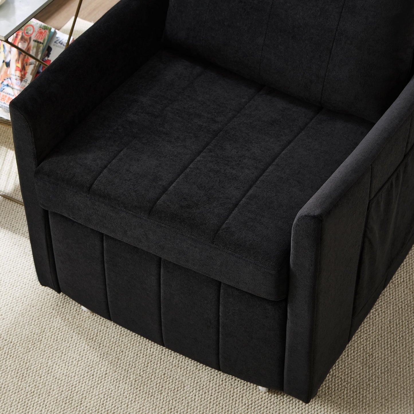 Upholstered Convertible Sleeper Sofa With 5 Position Backrest, Side Pockets, Storage - Black