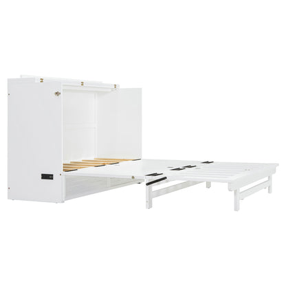Full Size Murphy Bed With Large Drawer, USB Ports And Outlets - White