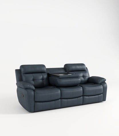 Genuine Leather Non-Power Reclining Sofa With Drop Down Table, Stainless Steel Cupholders And Magazine Bag - Blue