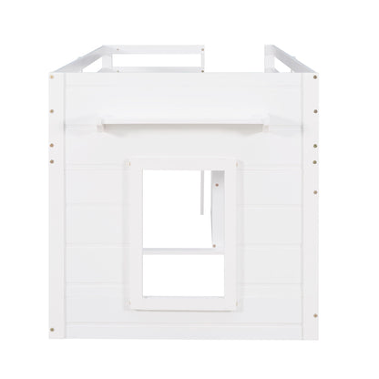 Twin Size Loft Bed With Cabinet And Shelf - White