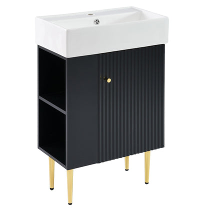 Bathroom Vanity, Combo Cabinet, Bathroom Storage Cabinet, Single Ceramic Sink, Left Side Storage - Black