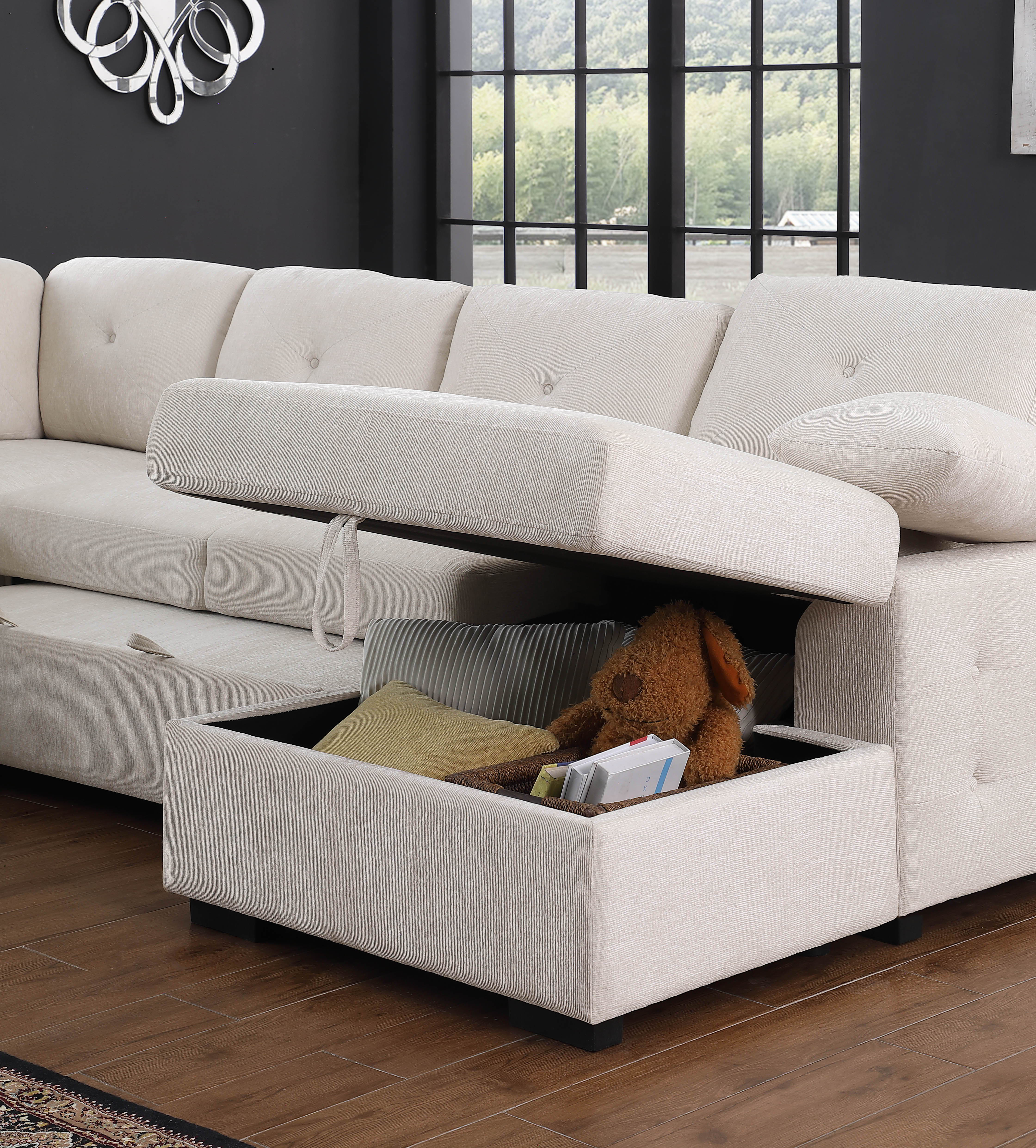 Nyhan - Upholstered Corner Sectional With Pull Out Loveseat And Storaged Chaise - Beige