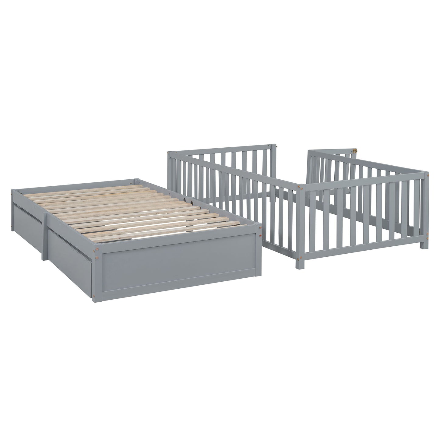 Twin Size Daybed With Fence Guardrails And 2 Drawers, Split Into Independent Floor Bed & Daybed - Gray