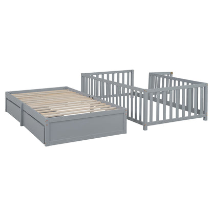Twin Size Daybed With Fence Guardrails And 2 Drawers, Split Into Independent Floor Bed & Daybed - Gray