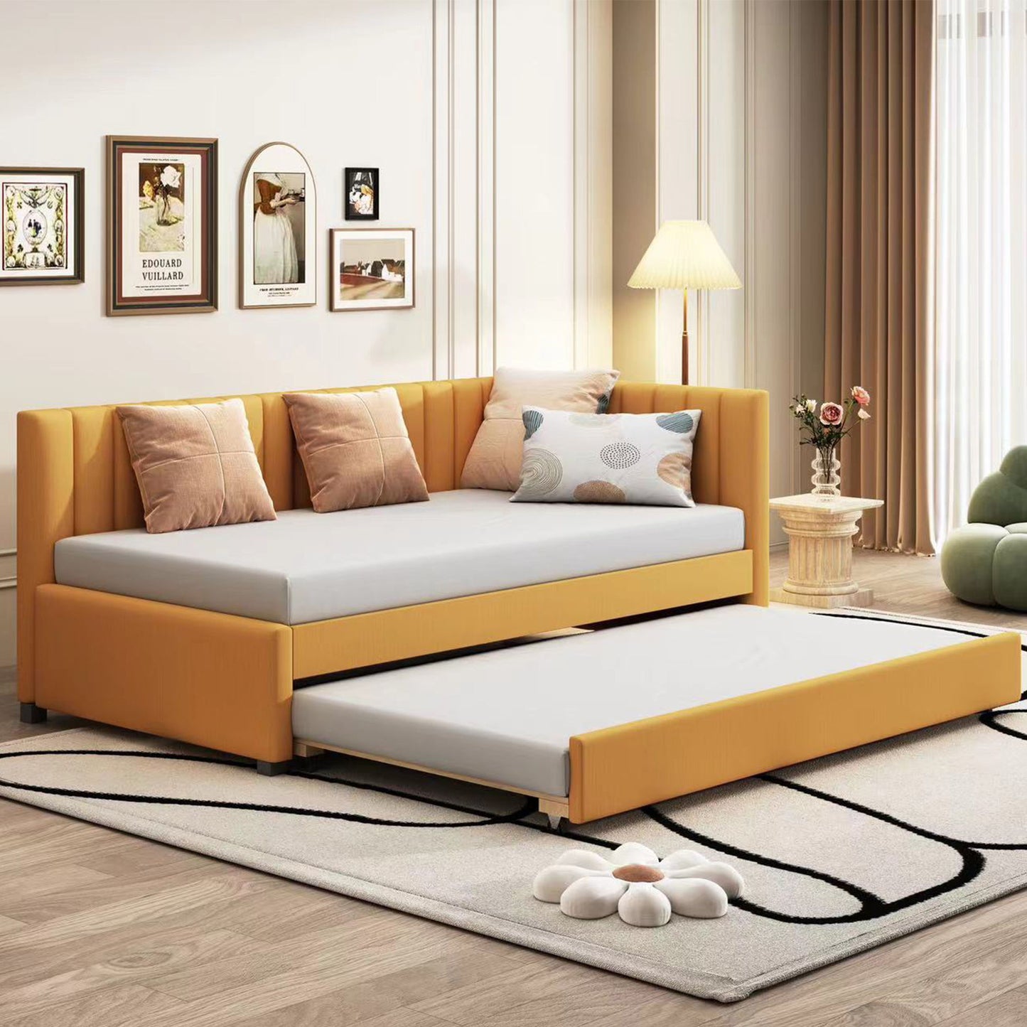 Upholstered Daybed With Trundle Twin Size Sofa Bed Frame No Box Spring Needed, Linen - Yellow