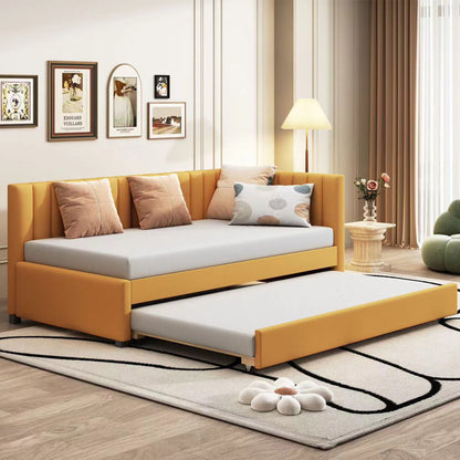 Upholstered Daybed With Trundle Twin Size Sofa Bed Frame No Box Spring Needed, Linen - Yellow