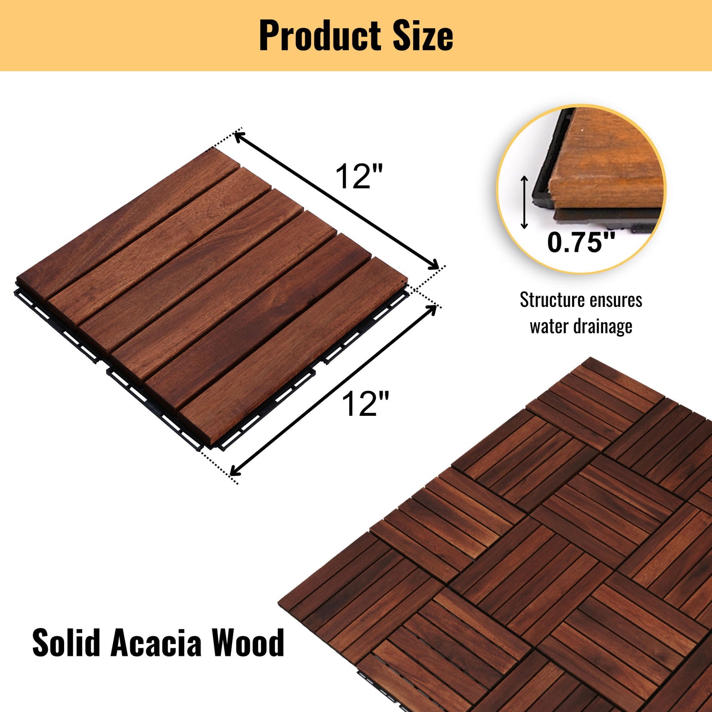 10 Piece Interlocking Deck Tiles Striped Pattern, Square Acacia Hardwood Outdoor Flooring For Patio, Bancony, Pool Side - Brown