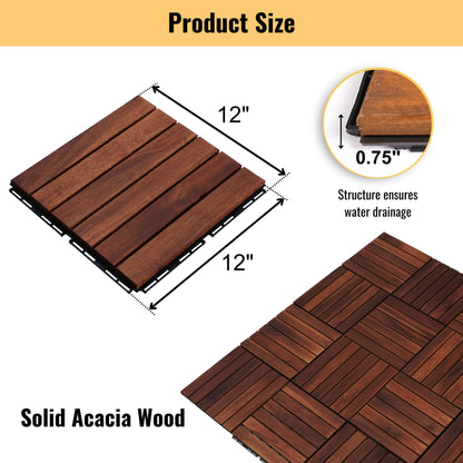 10 Piece Interlocking Deck Tiles Striped Pattern, Square Acacia Hardwood Outdoor Flooring For Patio, Bancony, Pool Side - Brown