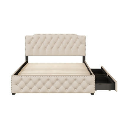 Queen Size Upholstered Platform Bed With 2 Drawers And 2 Sets Of USB Ports On Each Side - Beige