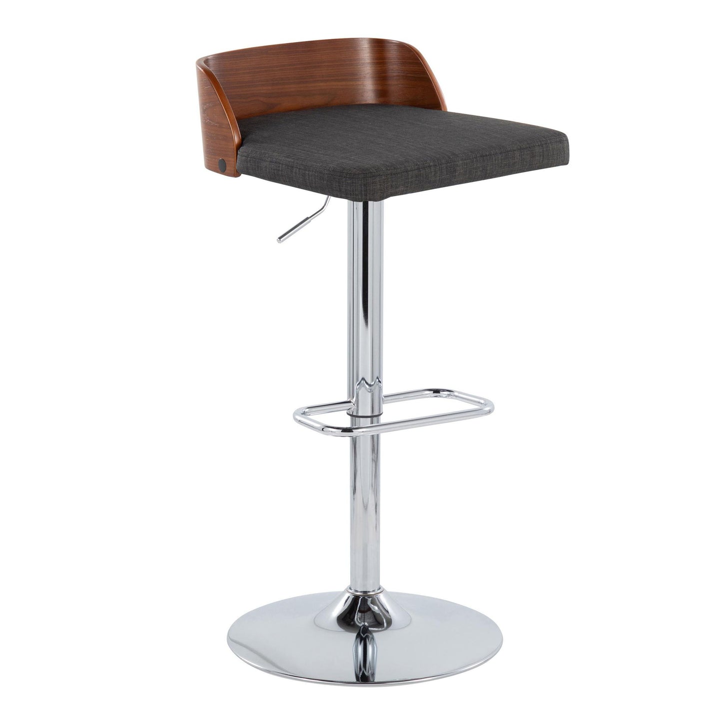 Maya - Mid-Century Modern Adjustable Barstool With Swivel With Rounded Rectangle Footrest (Set of 2) - Chrome / Walnut / Charcoal