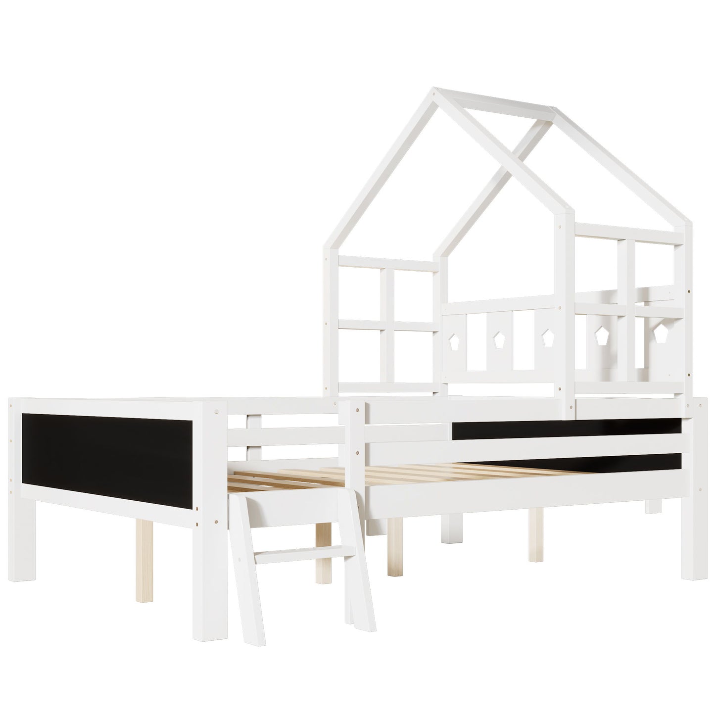 Full Size House Bed With Ladder And Storage Drawers Platform With Blackboard, No Box Spring - White