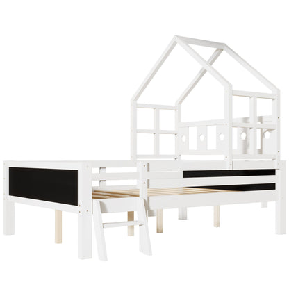 Full Size House Bed With Ladder And Storage Drawers Platform With Blackboard, No Box Spring - White