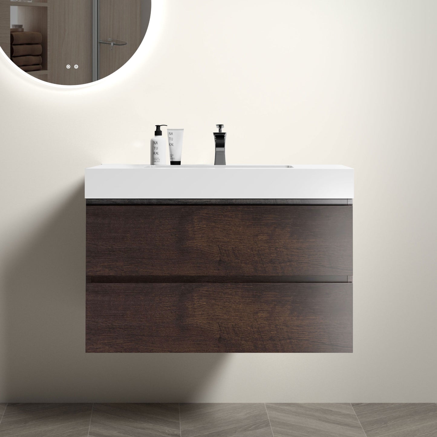 Alice - 36" Bathroom Vanity With Sink, Large Storage Wall Mounted Floating Bathroom Vanity For Modern Bathroom, One-Piece Sink Basin Without Drain And Faucet - White / Walnut
