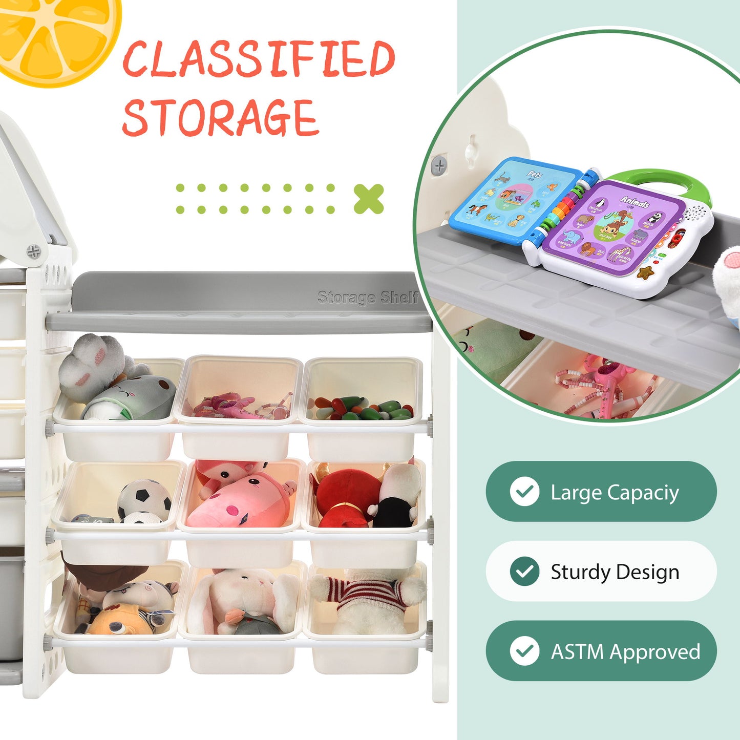 Kids Bookshelf Toy Storage Organizer With 17 Bins And 5 Bookshelves, Multi-Functional Nursery Organizer Kids Furniture Set Toy Storage Cabinet Unit With HDPE SheLF And Bins - Gray