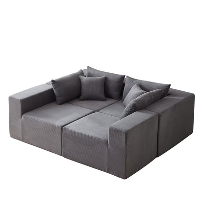 Corduroy Modular L Shaped Sectional Sofa, Luxury Floor Couch Set, 4 Piece Free Combination - Gray