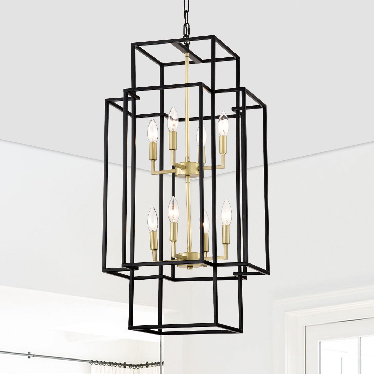 8 Light Metal Lantern Tiered Pendant Hanging Light Fixtures, Industrial Farmhouse Adjustable Height Chandeliers For Dining Room Hallway Foyer Entryway (E12 Bulbs Not Included) - Matte Black / Gold