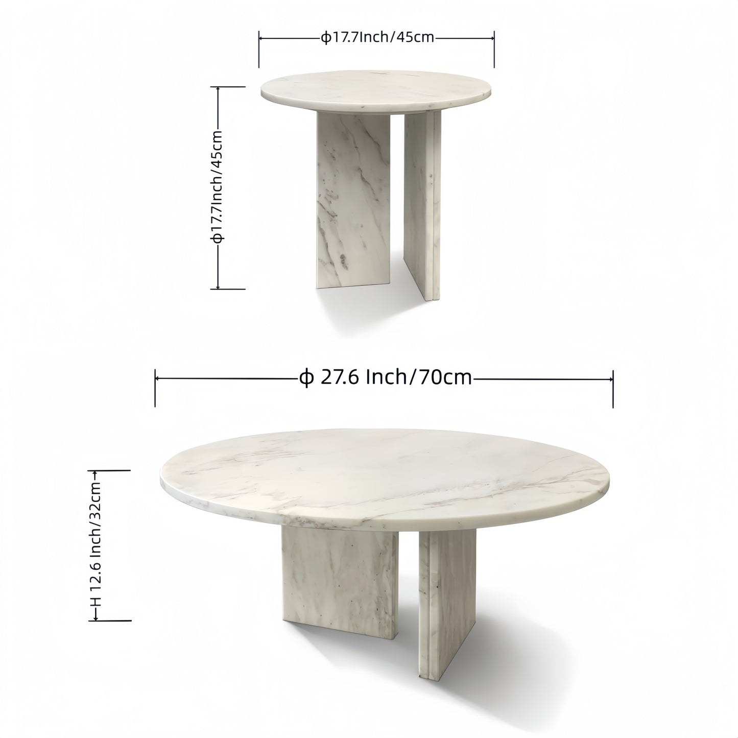 Luxury Snow Mountain Marble Coffee Table Set With Metal Base, Small Living Room Tables - White / Natural