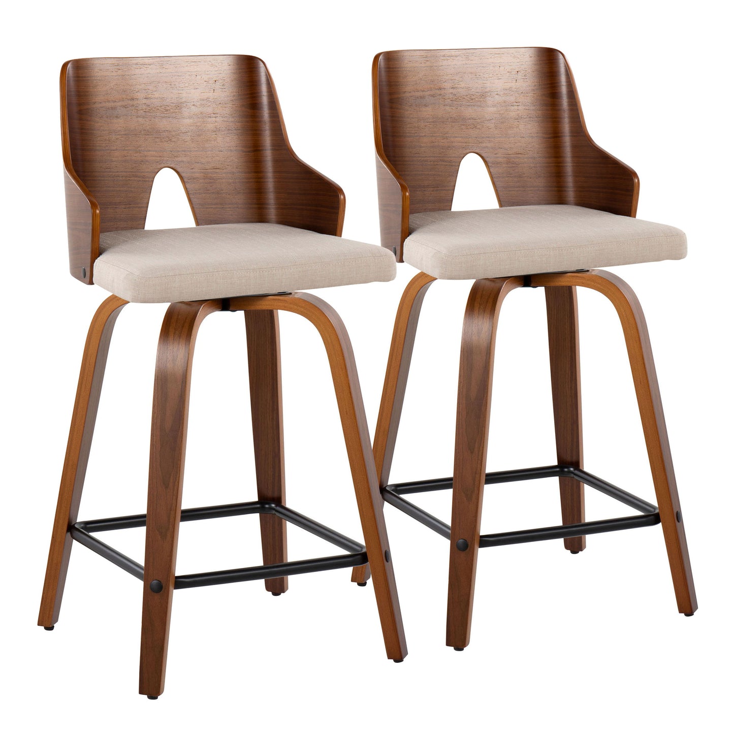 Ariana - Mid-Century Modern Fixed Height Counter Stool With Swivel Square Footrest (Set of 2) - Walnut / Beige