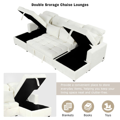 Oversized U - Shaped Sofa Versatile Sectional Sofa Pull Out Sofa Bed With Double Storage Chaise Lounges And 2 USB Ports For Living Room - Beige
