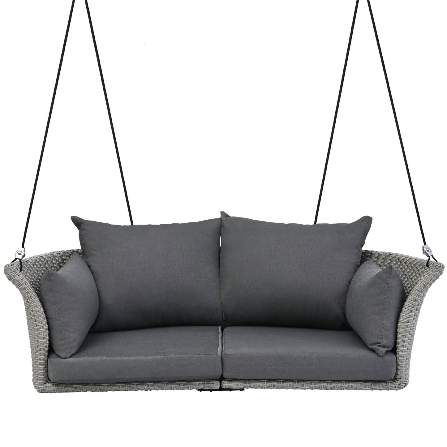 2 Person Hanging Seat, Rattan Woven Swing Chair, Porch Swing With Ropes - Gray / Cushion